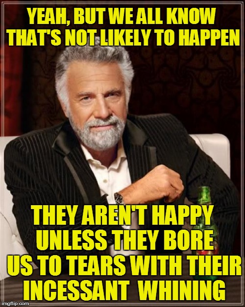 The Most Interesting Man In The World Meme | YEAH, BUT WE ALL KNOW THAT'S NOT LIKELY TO HAPPEN THEY AREN'T HAPPY UNLESS THEY BORE US TO TEARS WITH THEIR INCESSANT  WHINING | image tagged in memes,the most interesting man in the world | made w/ Imgflip meme maker