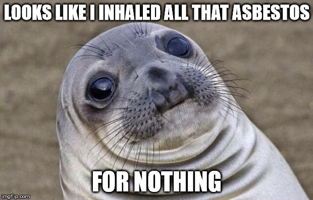 Awkward Moment Sealion Meme | LOOKS LIKE I INHALED ALL THAT ASBESTOS FOR NOTHING | image tagged in memes,awkward moment sealion | made w/ Imgflip meme maker