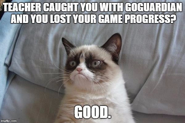 Grumpy Cat Bed Meme | TEACHER CAUGHT YOU WITH GOGUARDIAN AND YOU LOST YOUR GAME PROGRESS? GOOD. | image tagged in memes,grumpy cat bed,grumpy cat | made w/ Imgflip meme maker