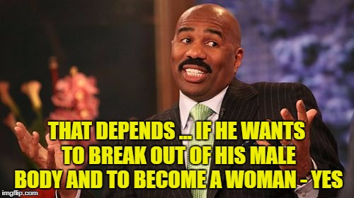 Steve Harvey Meme | THAT DEPENDS ... IF HE WANTS TO BREAK OUT OF HIS MALE BODY AND TO BECOME A WOMAN - YES | image tagged in memes,steve harvey | made w/ Imgflip meme maker