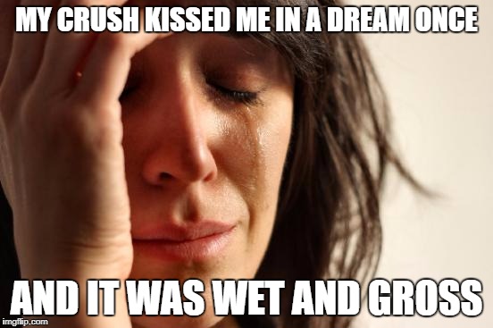 First World Problems Meme | MY CRUSH KISSED ME IN A DREAM ONCE AND IT WAS WET AND GROSS | image tagged in memes,first world problems | made w/ Imgflip meme maker