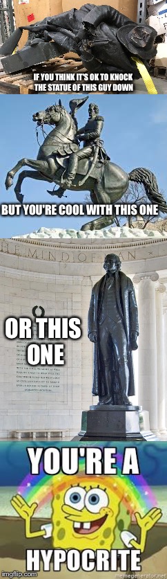 Read a history book | IF YOU THINK IT'S OK TO KNOCK THE STATUE OF THIS GUY DOWN; BUT YOU'RE COOL WITH THIS ONE; OR THIS ONE | image tagged in confederacy,andrew jackson,thomas jefferson | made w/ Imgflip meme maker