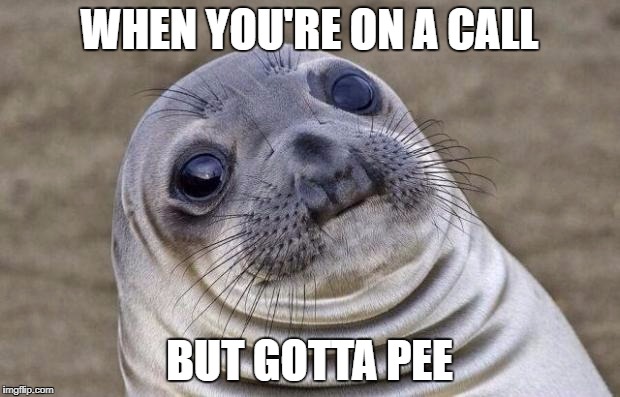 Awkward Moment Sealion Meme | WHEN YOU'RE ON A CALL; BUT GOTTA PEE | image tagged in memes,awkward moment sealion | made w/ Imgflip meme maker