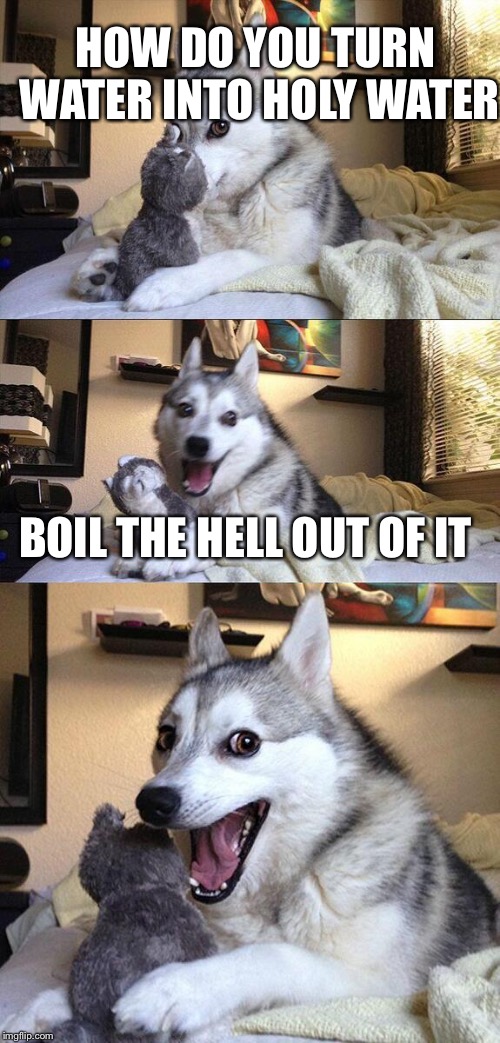 Bad Pun Dog Meme | HOW DO YOU TURN WATER INTO HOLY WATER; BOIL THE HELL OUT OF IT | image tagged in memes,bad pun dog | made w/ Imgflip meme maker