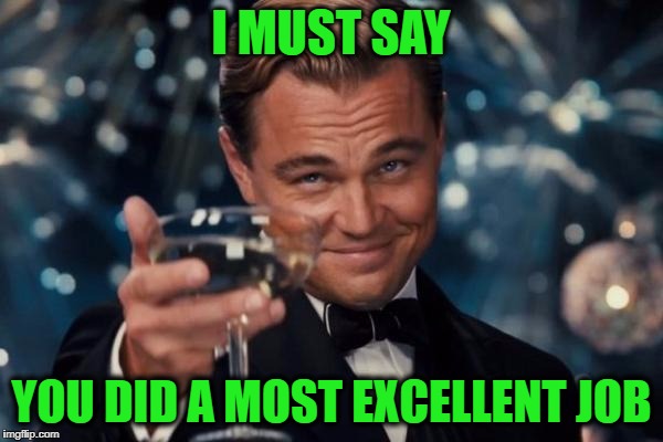 Leonardo Dicaprio Cheers Meme | I MUST SAY YOU DID A MOST EXCELLENT JOB | image tagged in memes,leonardo dicaprio cheers | made w/ Imgflip meme maker