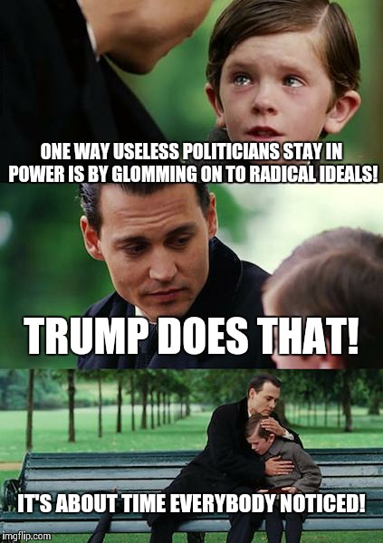 Glom Don  | ONE WAY USELESS POLITICIANS STAY IN POWER IS BY GLOMMING ON TO RADICAL IDEALS! TRUMP DOES THAT! IT'S ABOUT TIME EVERYBODY NOTICED! | image tagged in memes,finding neverland,donald trump | made w/ Imgflip meme maker