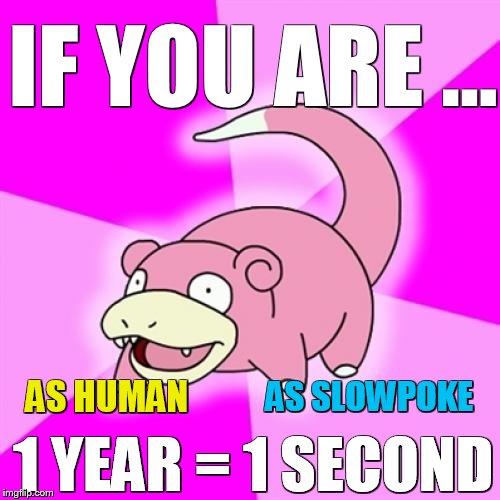 Time comparison with Slowpoke! | IF YOU ARE ... AS HUMAN; AS SLOWPOKE; 1 YEAR = 1 SECOND | image tagged in memes,slowpoke,time | made w/ Imgflip meme maker