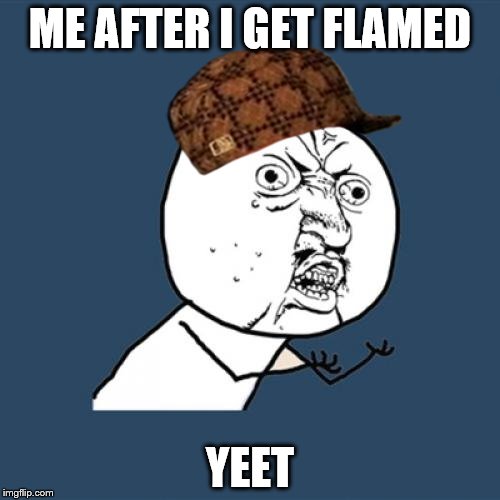 Y U No Meme | ME AFTER I GET FLAMED; YEET | image tagged in memes,y u no,scumbag | made w/ Imgflip meme maker