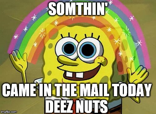 Imagination Spongebob Meme | SOMTHIN'; CAME IN THE MAIL TODAY; DEEZ NUTS | image tagged in memes,imagination spongebob | made w/ Imgflip meme maker