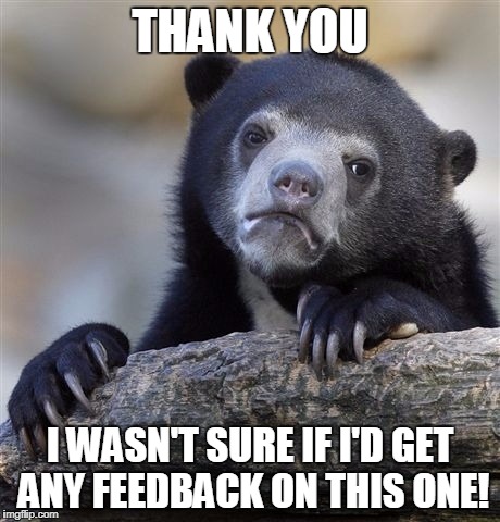 Confession Bear Meme | THANK YOU I WASN'T SURE IF I'D GET ANY FEEDBACK ON THIS ONE! | image tagged in memes,confession bear | made w/ Imgflip meme maker