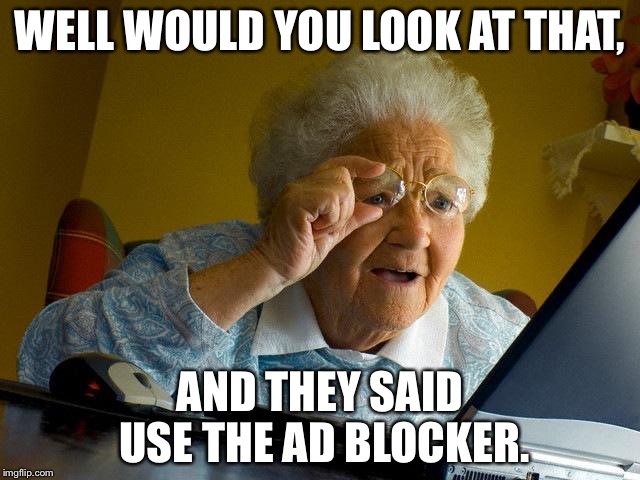 Grandma Finds The Internet Meme | WELL WOULD YOU LOOK AT THAT, AND THEY SAID USE THE AD BLOCKER. | image tagged in memes,grandma finds the internet | made w/ Imgflip meme maker