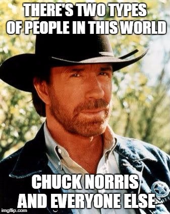 Chuck Norris | THERE'S TWO TYPES OF PEOPLE IN THIS WORLD; CHUCK NORRIS AND EVERYONE ELSE | image tagged in memes,chuck norris | made w/ Imgflip meme maker