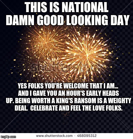 THIS IS NATIONAL DAMN GOOD LOOKING DAY; YES FOLKS YOU'RE WELCOME THAT I AM... AND I GAVE YOU AN HOUR'S EARLY HEADS UP. BEING WORTH A KING'S RANSOM IS A WEIGHTY DEAL. 
CELEBRATE AND FEEL THE LOVE FOLKS. | image tagged in fireworks | made w/ Imgflip meme maker