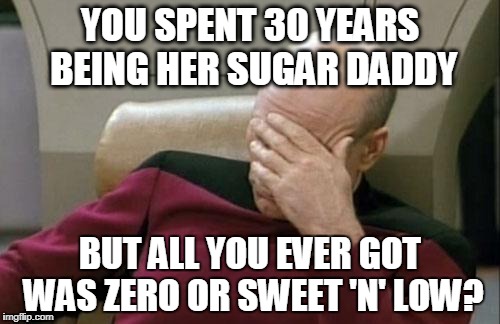 Captain Picard Facepalm Meme | YOU SPENT 30 YEARS BEING HER SUGAR DADDY; BUT ALL YOU EVER GOT WAS ZERO OR SWEET 'N' LOW? | image tagged in memes,captain picard facepalm | made w/ Imgflip meme maker