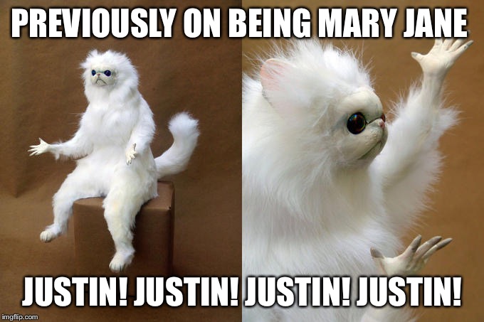 Persian Cat Room Guardian | PREVIOUSLY ON BEING MARY JANE; JUSTIN! JUSTIN! JUSTIN! JUSTIN! | image tagged in memes,persian cat room guardian | made w/ Imgflip meme maker