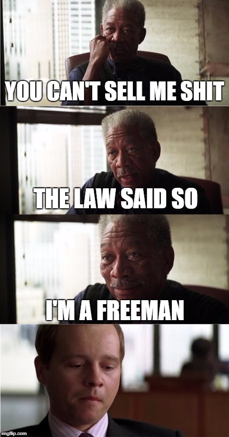 Morgan Freeman Good Luck | YOU CAN'T SELL ME SHIT; THE LAW SAID SO; I'M A FREEMAN | image tagged in memes,morgan freeman good luck | made w/ Imgflip meme maker