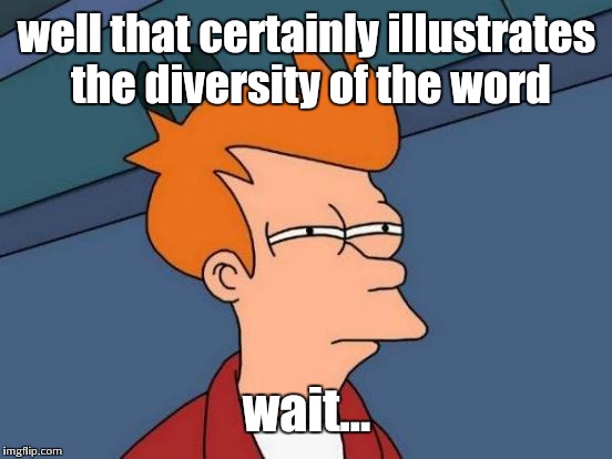 Futurama Fry Meme | well that certainly illustrates the diversity of the word wait... | image tagged in memes,futurama fry | made w/ Imgflip meme maker