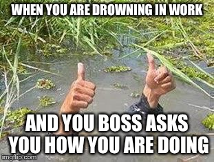 FLOODING THUMBS UP | WHEN YOU ARE DROWNING IN WORK; AND YOU BOSS ASKS YOU HOW YOU ARE DOING | image tagged in flooding thumbs up | made w/ Imgflip meme maker