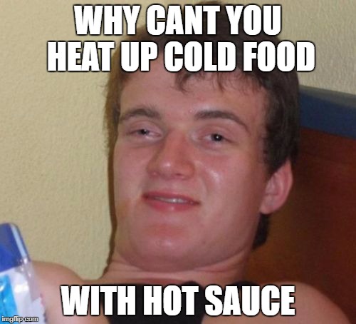 10 Guy Meme | WHY CANT YOU HEAT UP COLD FOOD; WITH HOT SAUCE | image tagged in memes,10 guy | made w/ Imgflip meme maker
