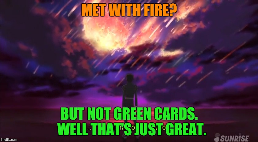 MET WITH FIRE? BUT NOT GREEN CARDS.  WELL THAT'S JUST GREAT. | made w/ Imgflip meme maker