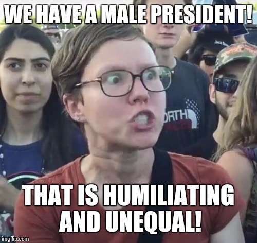 Triggered feminist | WE HAVE A MALE PRESIDENT! THAT IS HUMILIATING AND UNEQUAL! | image tagged in liberal,feminist,president | made w/ Imgflip meme maker