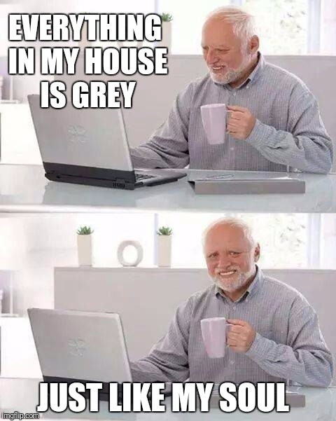 Hide the Pain Harold | EVERYTHING IN MY HOUSE IS GREY; JUST LIKE MY SOUL | image tagged in memes,hide the pain harold | made w/ Imgflip meme maker