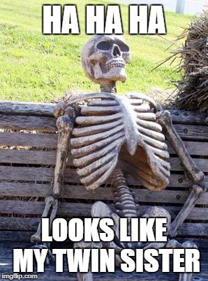 Waiting Skeleton Meme | HA HA HA; LOOKS LIKE MY TWIN SISTER | image tagged in memes,waiting skeleton | made w/ Imgflip meme maker