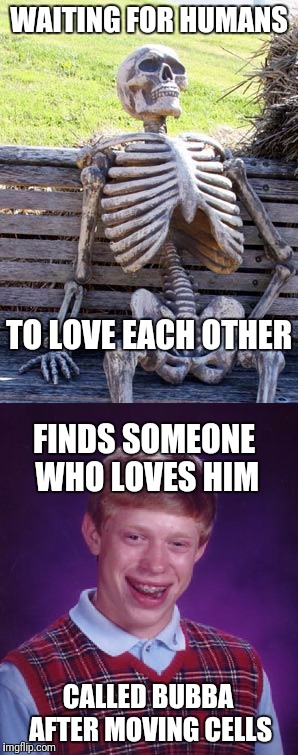 Meme double feature | WAITING FOR HUMANS; TO LOVE EACH OTHER; FINDS SOMEONE WHO LOVES HIM; CALLED BUBBA AFTER MOVING CELLS | image tagged in memes,waiting skeleton,bad luck brian | made w/ Imgflip meme maker