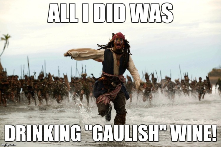 ಠ﹏ಠ | ALL I DID WAS; DRINKING "GAULISH" WINE! | image tagged in captain jack sparrow running | made w/ Imgflip meme maker