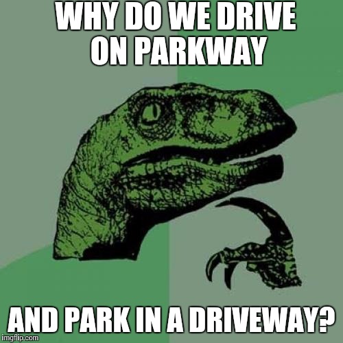 Philosoraptor | WHY DO WE DRIVE ON PARKWAY; AND PARK IN A DRIVEWAY? | image tagged in memes,philosoraptor | made w/ Imgflip meme maker