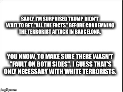 blank | SADLY, I'M SURPRISED TRUMP DIDN'T WAIT TO GET "ALL THE FACTS" BEFORE CONDEMNING THE TERRORIST ATTACK IN BARCELONA. YOU KNOW, TO MAKE SURE THERE WASN'T "FAULT ON BOTH SIDES". I GUESS THAT'S ONLY NECESSARY WITH WHITE TERRORISTS. | image tagged in blank | made w/ Imgflip meme maker