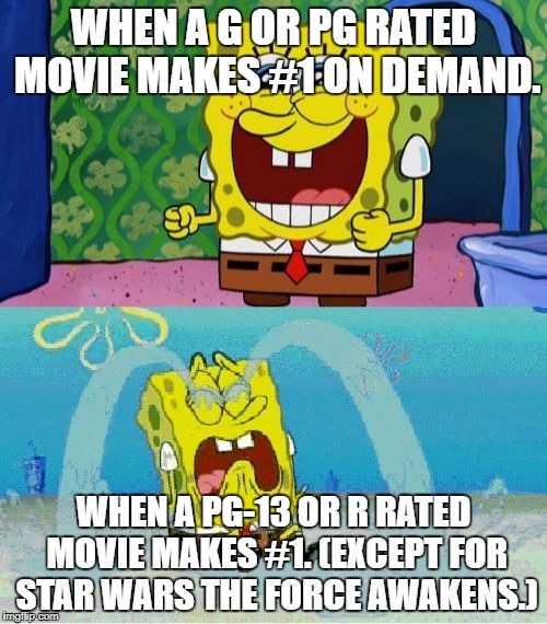 Mature Content is overrated. | WHEN A G OR PG RATED MOVIE MAKES #1 ON DEMAND. WHEN A PG-13 OR R RATED MOVIE MAKES #1. (EXCEPT FOR STAR WARS THE FORCE AWAKENS.) | image tagged in spongebob happy and sad | made w/ Imgflip meme maker