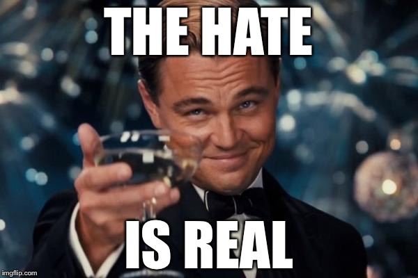 Leonardo Dicaprio Cheers Meme | THE HATE; IS REAL | image tagged in memes,leonardo dicaprio cheers | made w/ Imgflip meme maker