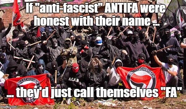 "Let's assault people to get our message across," they said... | If "anti-fascist" ANTIFA were honest with their name ... ... they'd just call themselves "FA" | image tagged in antifa,fascist,terrorists | made w/ Imgflip meme maker