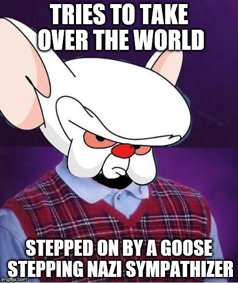 Bad Luck Brain | TRIES TO TAKE OVER THE WORLD; STEPPED ON BY A GOOSE STEPPING NAZI SYMPATHIZER | image tagged in bad luck brain | made w/ Imgflip meme maker