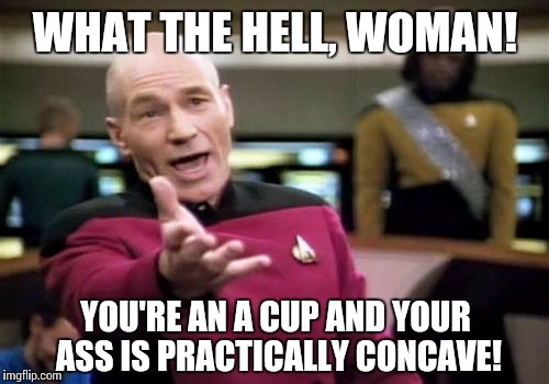 Picard Wtf Meme | WHAT THE HELL, WOMAN! YOU'RE AN A CUP AND YOUR ASS IS PRACTICALLY CONCAVE! | image tagged in memes,picard wtf | made w/ Imgflip meme maker