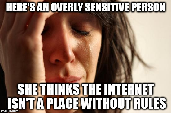First World Problems | HERE'S AN OVERLY SENSITIVE PERSON; SHE THINKS THE INTERNET ISN'T A PLACE WITHOUT RULES | image tagged in memes,first world problems,overly sensitive,internet,internet freedom,freedom | made w/ Imgflip meme maker