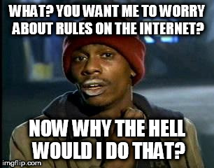 Y'all Got Any More Of That Meme | WHAT? YOU WANT ME TO WORRY ABOUT RULES ON THE INTERNET? NOW WHY THE HELL WOULD I DO THAT? | image tagged in memes,yall got any more of,internet,freedom,internet freedom,no rules | made w/ Imgflip meme maker