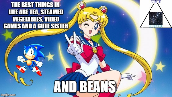 The post modern good life | THE BEST THINGS IN LIFE ARE TEA, STEAMED VEGETABLES, VIDEO GAMES AND A CUTE SISTER; AND BEANS | image tagged in sailor moon modern post good life funny sailor moon usagi | made w/ Imgflip meme maker