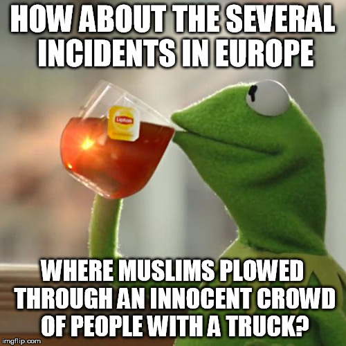 But That's None Of My Business Meme | HOW ABOUT THE SEVERAL INCIDENTS IN EUROPE WHERE MUSLIMS PLOWED THROUGH AN INNOCENT CROWD OF PEOPLE WITH A TRUCK? | image tagged in memes,but thats none of my business,kermit the frog | made w/ Imgflip meme maker