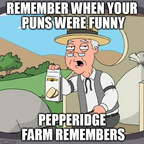 Pepperidge Farm Remembers Meme | REMEMBER WHEN YOUR PUNS WERE FUNNY; PEPPERIDGE FARM REMEMBERS | image tagged in memes,pepperidge farm remembers | made w/ Imgflip meme maker