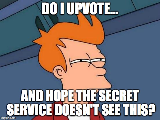 Futurama Fry Meme | DO I UPVOTE... AND HOPE THE SECRET SERVICE DOESN'T SEE THIS? | image tagged in memes,futurama fry | made w/ Imgflip meme maker