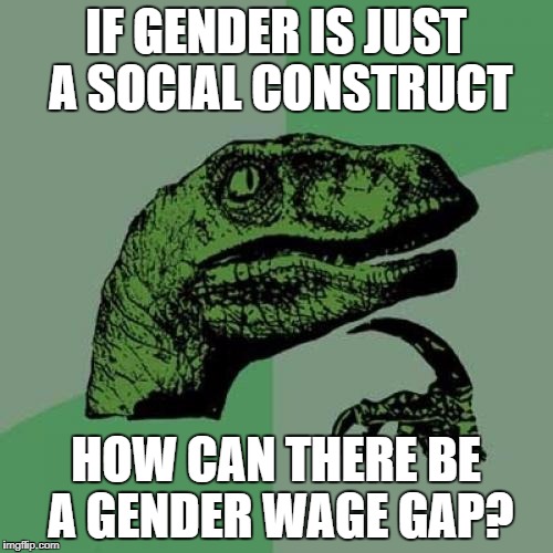 Philosoraptor Meme | IF GENDER IS JUST A SOCIAL CONSTRUCT HOW CAN THERE BE A GENDER WAGE GAP? | image tagged in memes,philosoraptor | made w/ Imgflip meme maker
