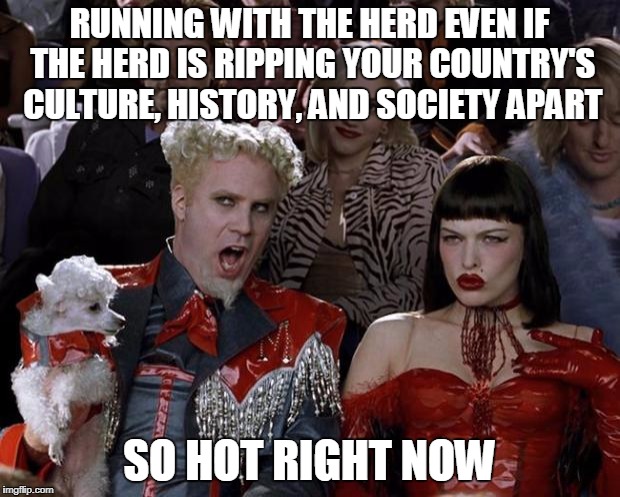 Eventually You'll Have To Choose A Side | RUNNING WITH THE HERD EVEN IF THE HERD IS RIPPING YOUR COUNTRY'S CULTURE, HISTORY, AND SOCIETY APART; SO HOT RIGHT NOW | image tagged in memes,mugatu so hot right now | made w/ Imgflip meme maker