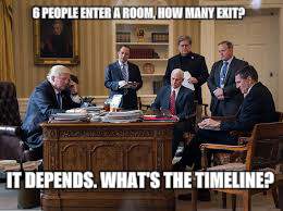 white house magic trick | 6 PEOPLE ENTER A ROOM, HOW MANY EXIT? IT DEPENDS. WHAT'S THE TIMELINE? | image tagged in white house magic trick | made w/ Imgflip meme maker