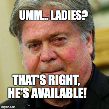 Bannon's available | UMM... LADIES? THAT'S RIGHT, HE'S AVAILABLE! | image tagged in steve bannon,gannon fired,available | made w/ Imgflip meme maker