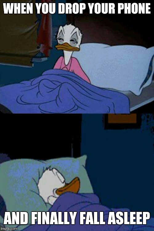 When you can't fall asleep | WHEN YOU DROP YOUR PHONE; AND FINALLY FALL ASLEEP | image tagged in sleepy donald duck in bed,memes,phone | made w/ Imgflip meme maker