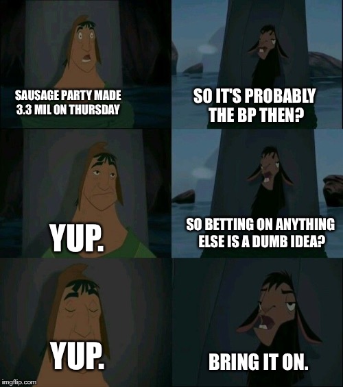 Emperor's New Groove Waterfall  | SO IT'S PROBABLY THE BP THEN? SAUSAGE PARTY MADE 3.3 MIL ON THURSDAY; SO BETTING ON ANYTHING ELSE IS A DUMB IDEA? YUP. YUP. BRING IT ON. | image tagged in emperor's new groove waterfall | made w/ Imgflip meme maker