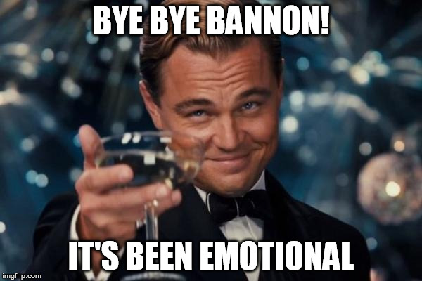 Leonardo Dicaprio Cheers Meme | BYE BYE BANNON! IT'S BEEN EMOTIONAL | image tagged in memes,leonardo dicaprio cheers | made w/ Imgflip meme maker