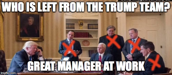 What Happens When You Elect a Four Bankruptcy TV Star | WHO IS LEFT FROM THE TRUMP TEAM? GREAT MANAGER AT WORK | image tagged in donald trump | made w/ Imgflip meme maker